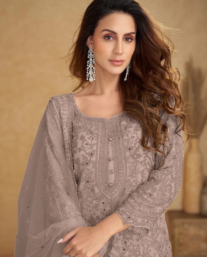 8113-G - Net Dusty Grey Embroidered Wedding Palazzo Suit